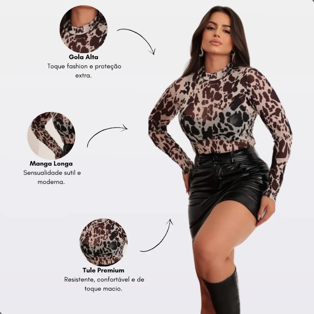 Body em Tule Feminino Estampa Bambi Transparente Manga Longa Gola Alta Roupa Moda Feminina Tendência Look Blogueirinhas