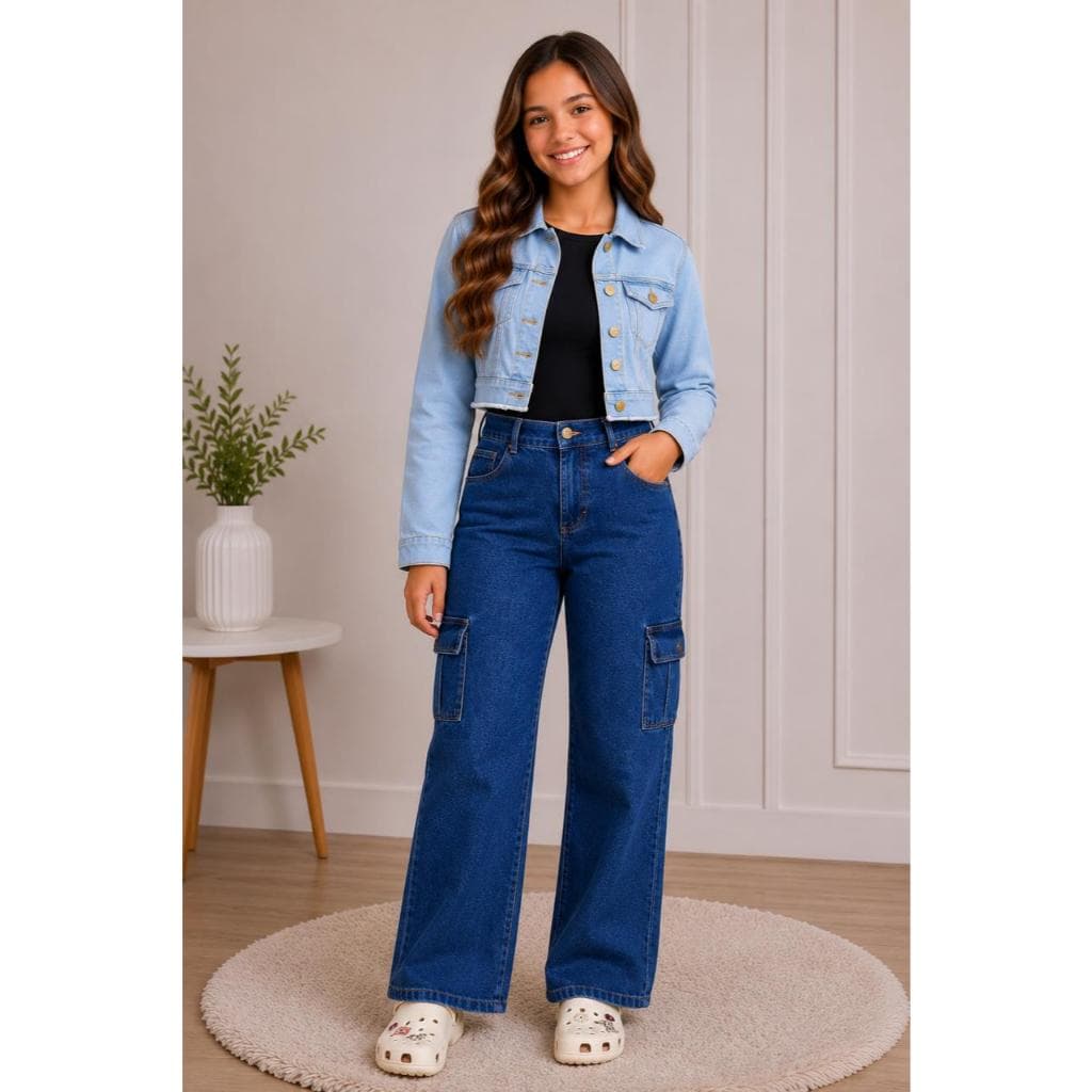 Calça Jeans Juvenil Feminina Wide Leg Cargo Cintura Alta com Bolsos Laterais Longa Moda Casual