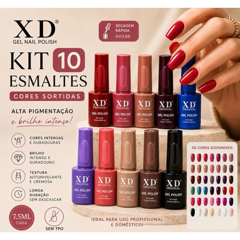 Kit 10 Cores Esmalte Gel XD Profissional 7,5ml UV/LED Sem TPO
