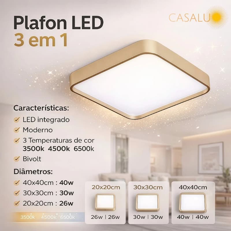 Plafon Sobrepor Quadrado LED Dourado Champanhe Luminária de Teto Moderno 30cm 40cm Para Sala Quarto Corredor Decoração L