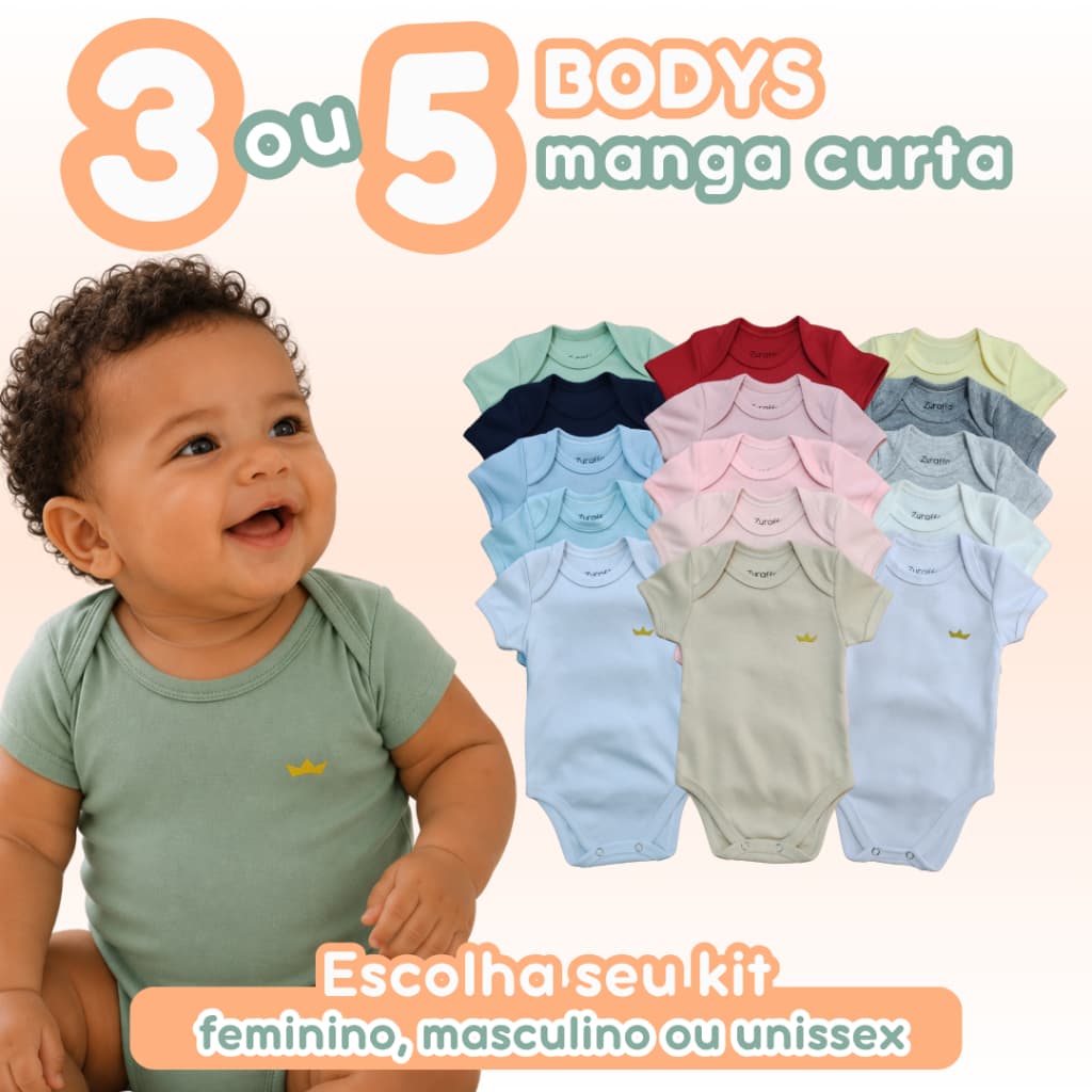 Kit 3 ou 5 Bodys Bebê 100% Algodão Manga Curta Gola Envelope Verão Cores Feminino Masculino Unissex Zuraffa Baby