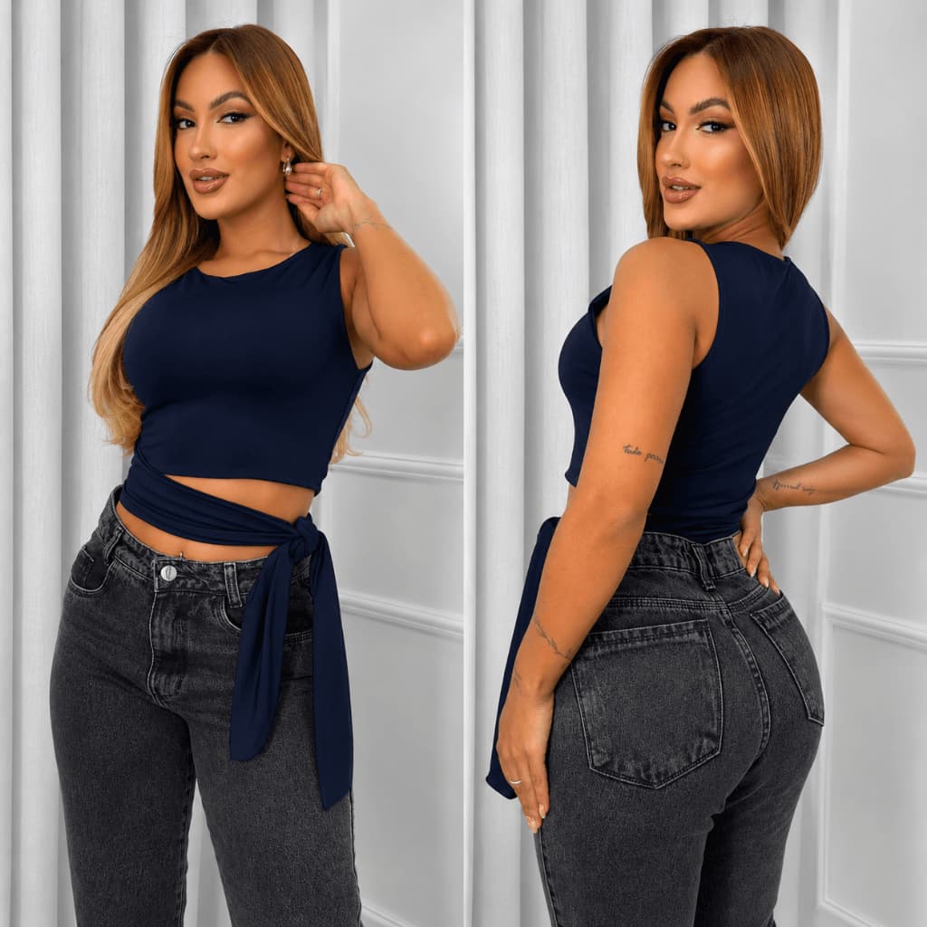Blusa Cropped Feminina Suplex Premium Forro Duplo Laço Lateral Com Amarração Moda Gringa Tendência