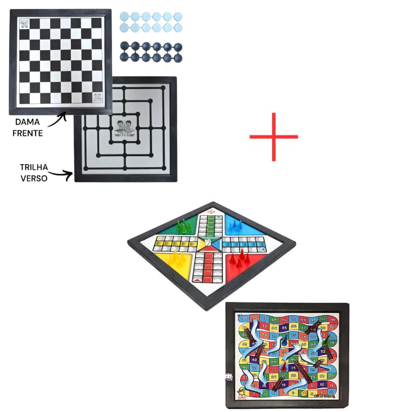 KIT  1 Jogo ludo sobe e desce Tabuleiro +  1 Jogo de Dama Damas Tabuleiros Brinquedo Educativo Cartas Jogos