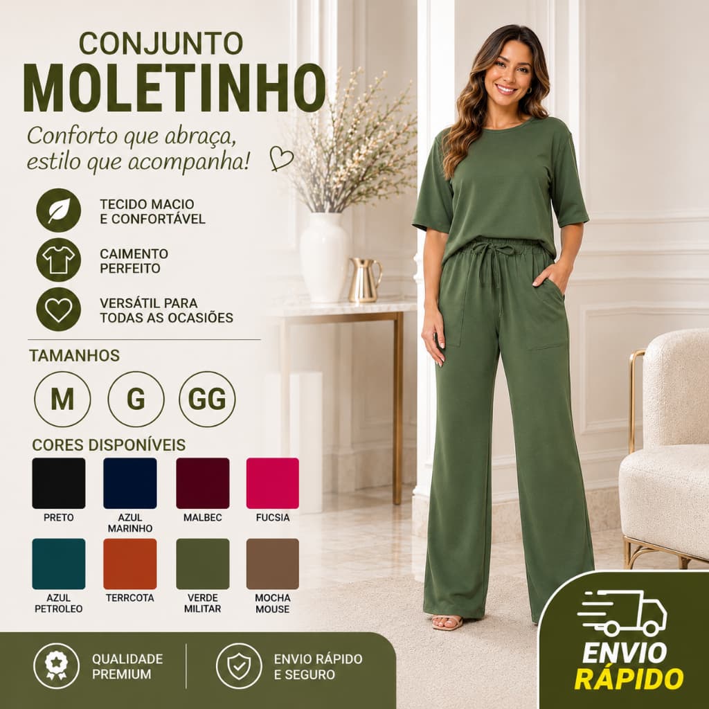 Conjunto Feminino Em Moletinho Macio Elegante Blusa + Calça Pantalona Posue Elastico Com Bolso