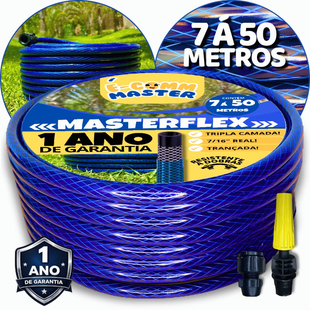 Mangueira de Trançada Jardim Azul 7m á 50m, 7/16" Polegadas, Reforçada Resistente Tripla Camada