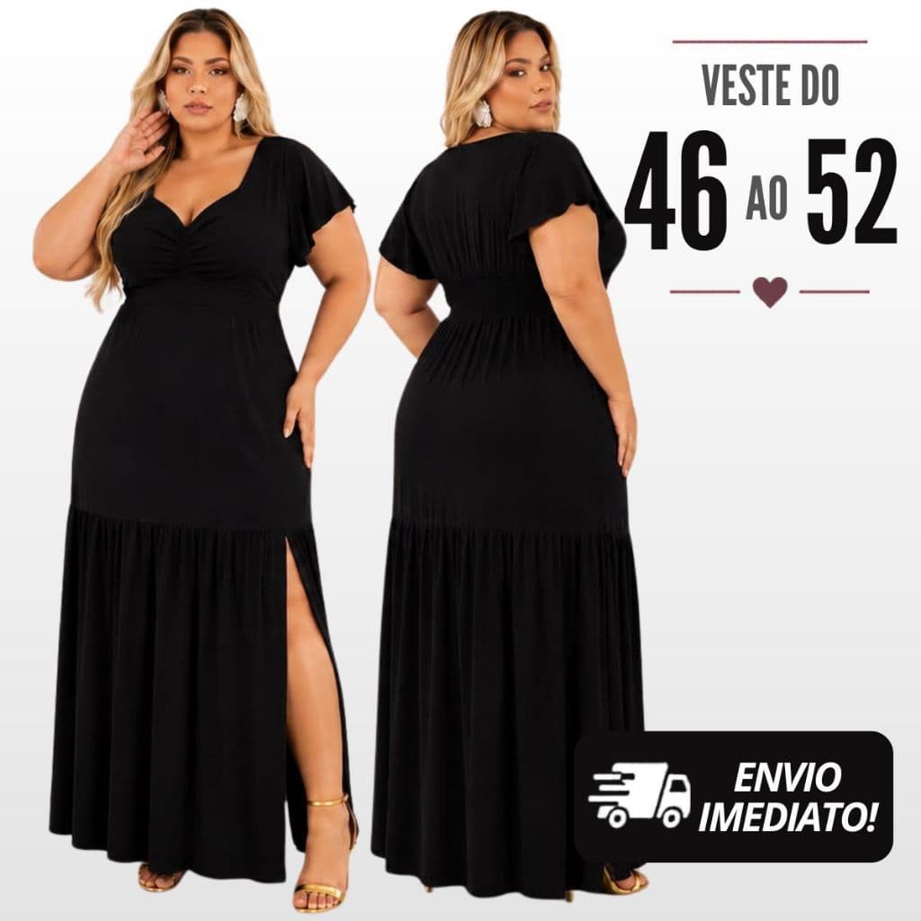 Vestido Longo Plus Size Moda Maior Crepe Dunas com Lastex | Fenda Lateral | Manga Fluída | Elegante, Sofisticado, Casual