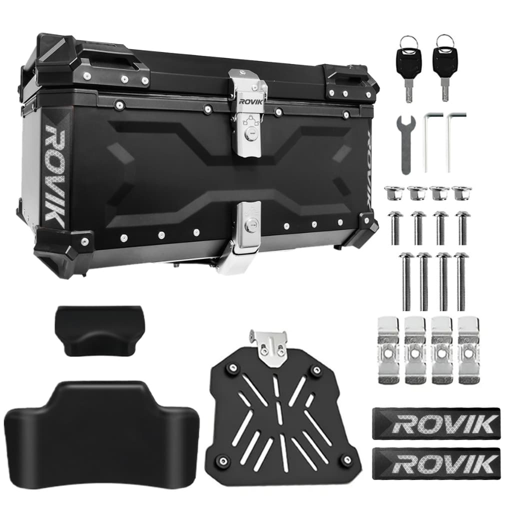 Baú  Moto Alumínio Top Case Traseiro 65 L + Base + Encosto Big Trail Alta Capacidade Cabe 2 Capacetes