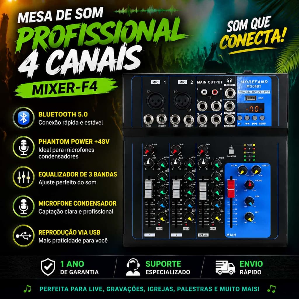 Mesa de Som Profissional MOREFAND 4/7 Canais Bluetooth 5.0 Phantom 48V EQ 3 Bandas USB OTG Gravação Lives Igrejas Bandas