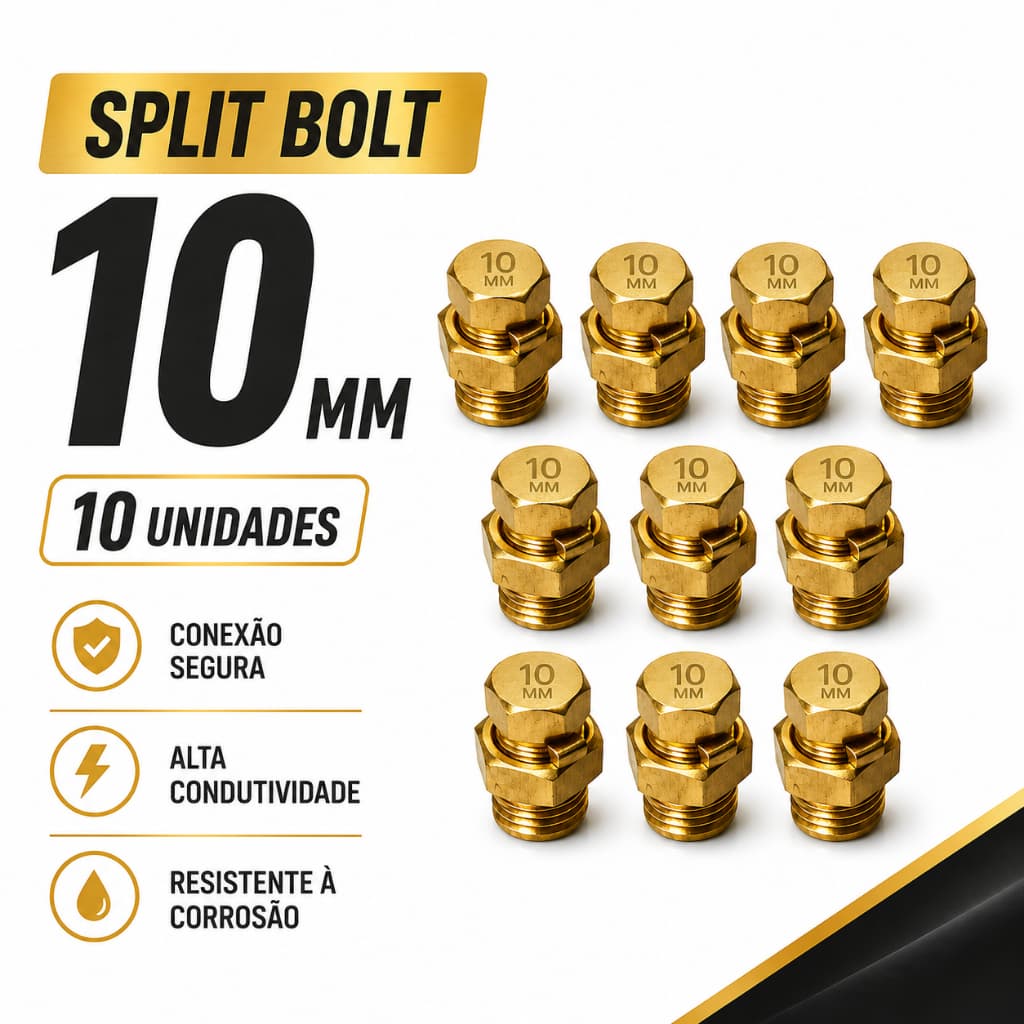 Kit 10 Conector Split Bolt Parafuso Fendido Cabo E Fio 10mm Dourado