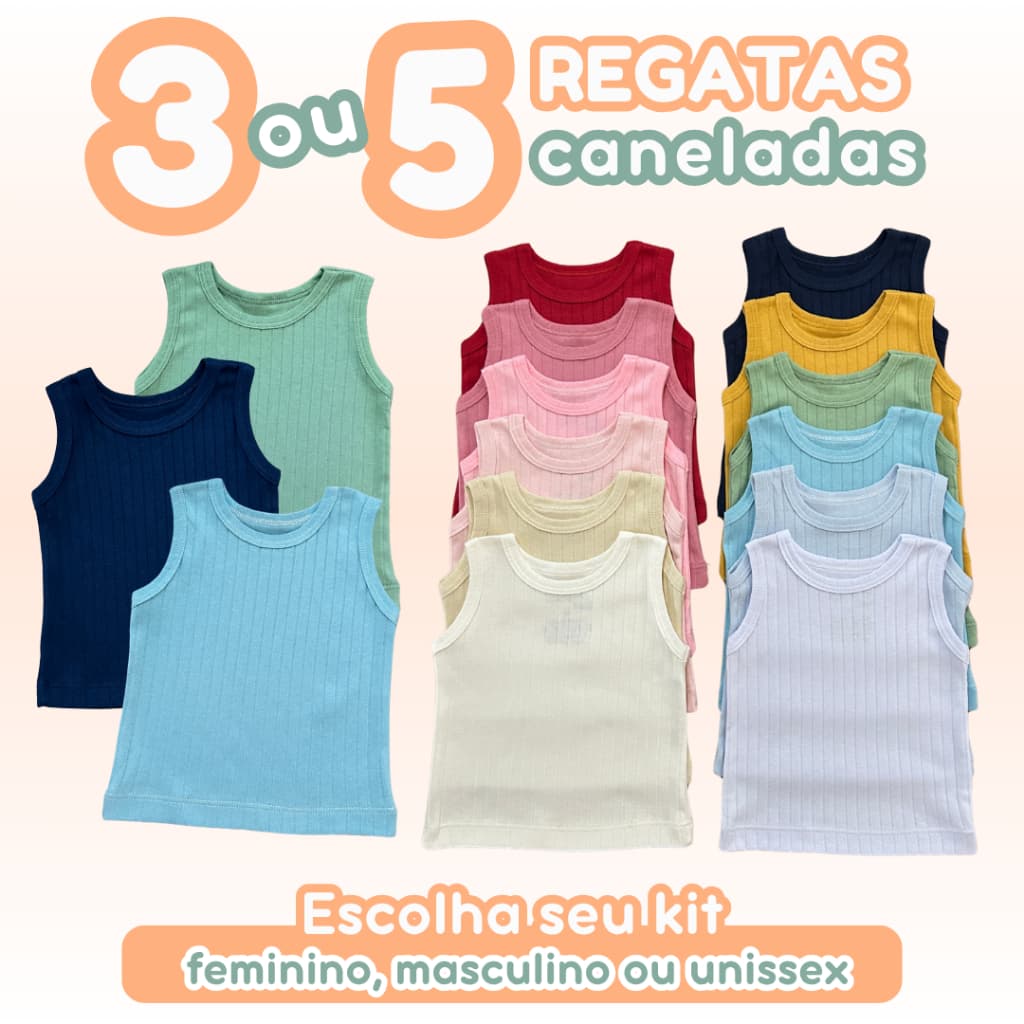 Kit 3 ou 5 Regatas Bebê 100% Algodão Canelado Comfort Premium Calor Verão Cores Feminino Masculino Unissex Zuraffa Baby