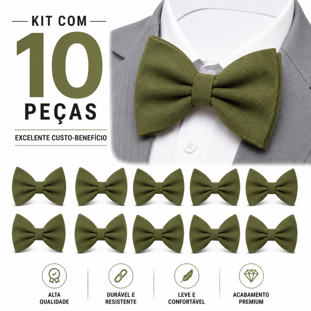 KIT Gravata Borboleta Tamanho Cor "VERDE OLIVA" Casamento Evento Padrinhos - 10 UNIDADE