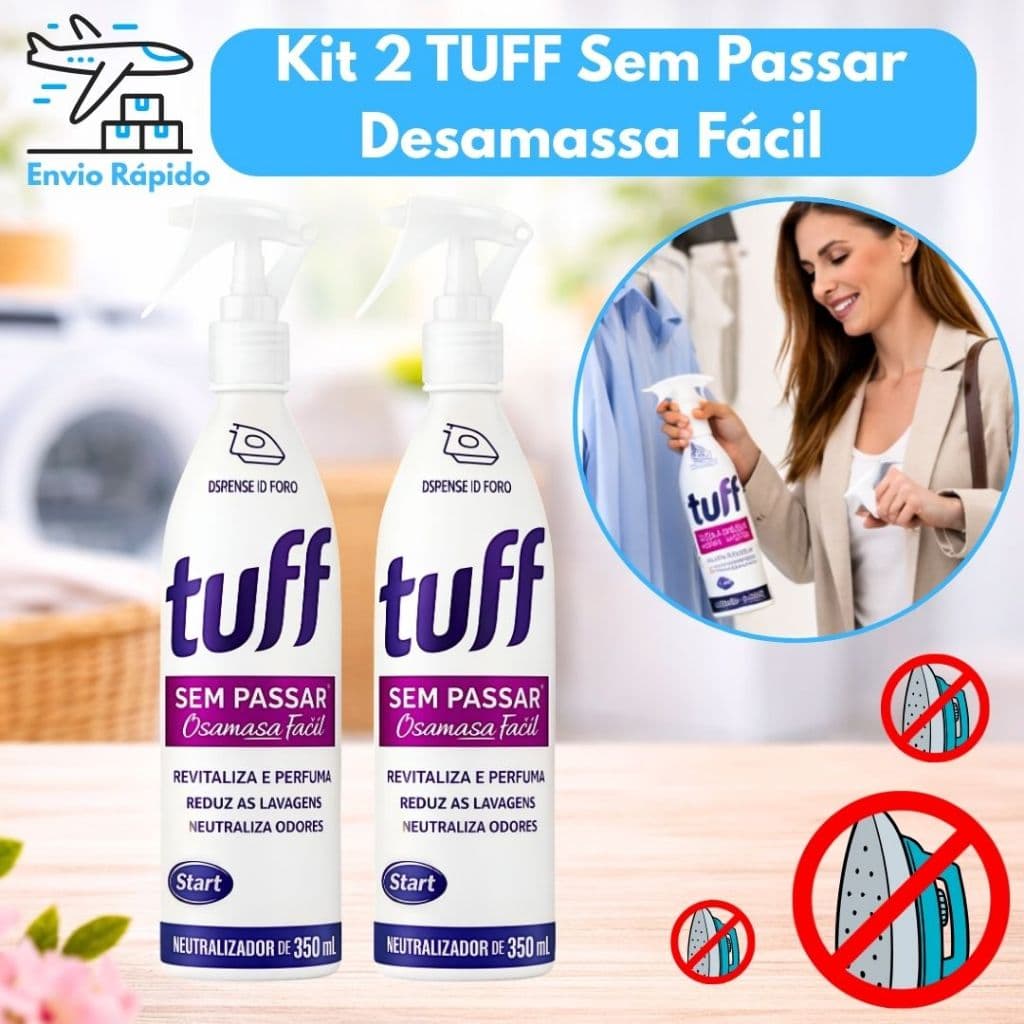 Kit Com 2 Tuff Sem Passar 350ml Desamassa Roupas Sem Ferro Elimina Odores e Perfuma