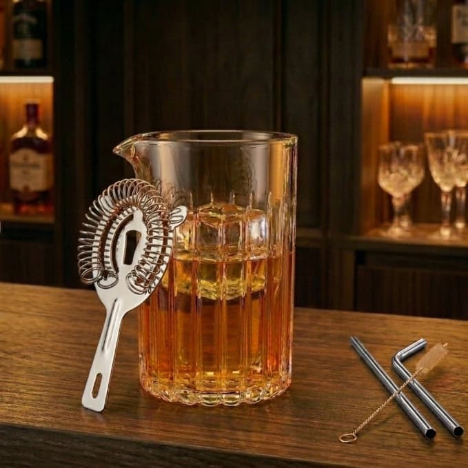 Kit Mixing Glass 720ml + Canudos Inox e Coador Strainer