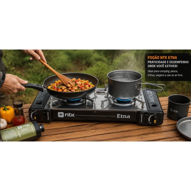 Fogareiro Horizontal 2 Bocas ETNA Aço Inoxidável 63cm Preto Cartucho/Botijão Controlador Chamas NTK