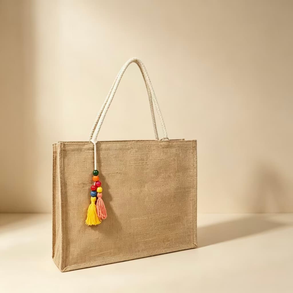 Bolsa de Juta Natural com Pingente Colorido – Ideal para Praia, Feiras e Dia a Dia no Brasil