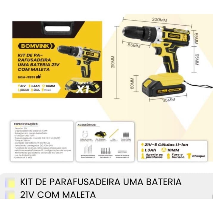 Parafusadeira e Furadeira 21V 1 Bateria com Maleta Bomvink