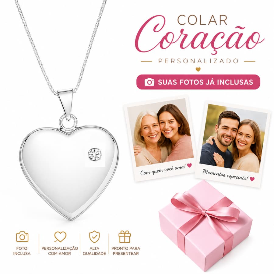 Colar Relicário Coração Prata 925 Banhada Ponto Luz Semijoia  Com 2 fotos Caixa para presente mais carta impressa