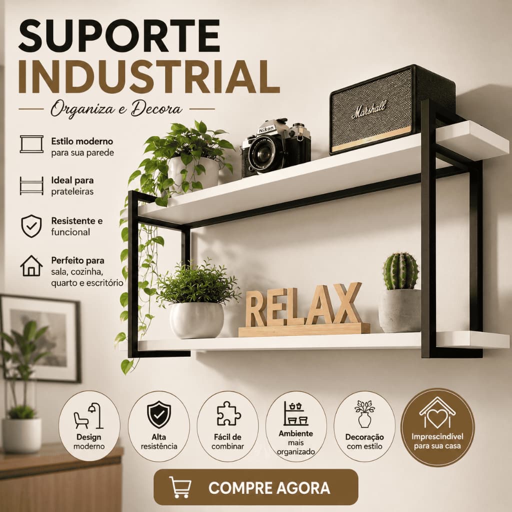 Kit 2 Prateleiras Suporte Estilo Industrial Decor 42cmx34cm Nicho Decoração Chique Minimalista