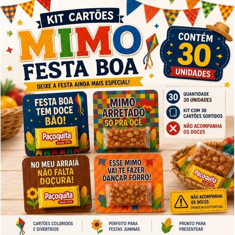 Kit 30 Cartões Mimo Festa Junina – Lembrancinhas para Paçoca e Pé de Moleque - ENVIO RÁPIDO