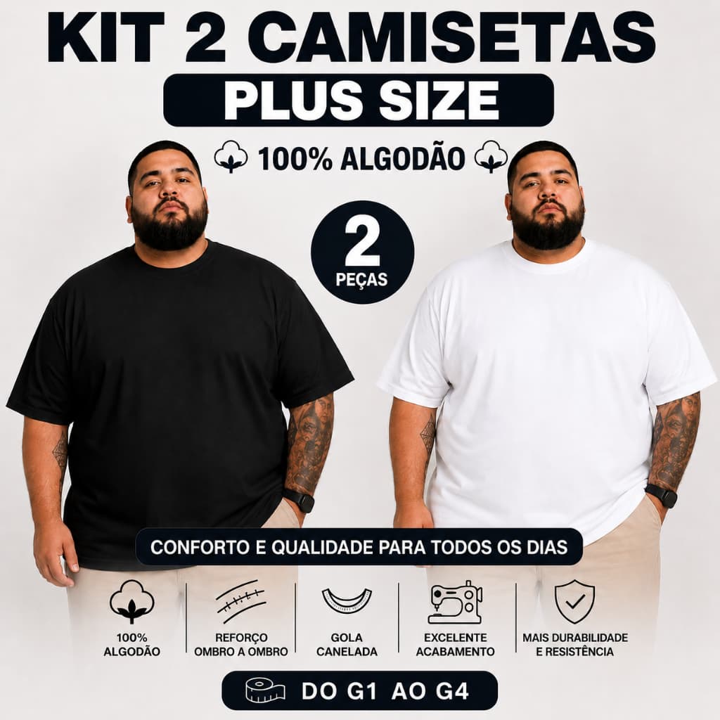 KIT 2 Camiseta Plus Size Masculina Lisa Básica Grande G1 ao G4 100% Algodão