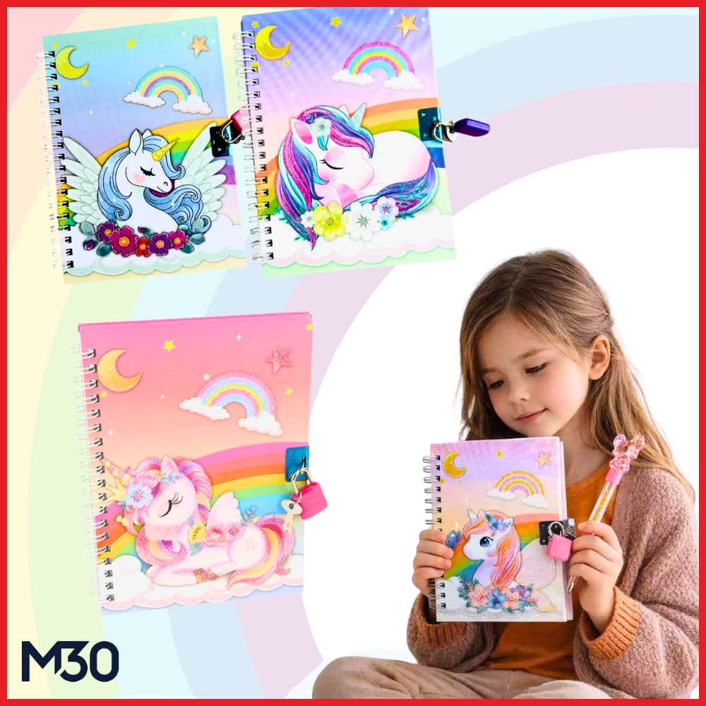 Livro Meu Diário Infantil Secreto Com Cadeado Unicórnio Glitter Presente Menina