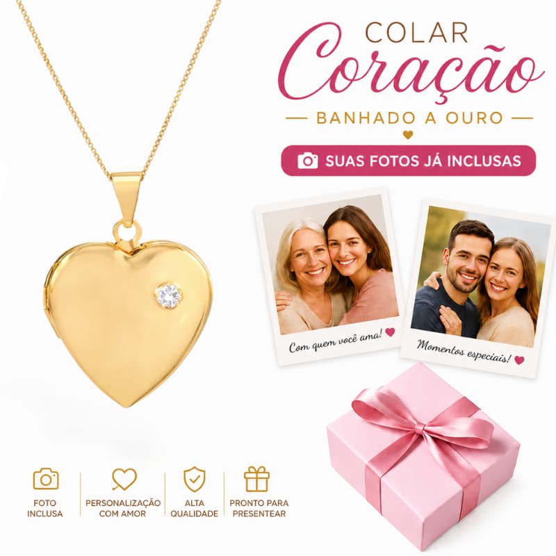 Colar Coração Personalizado 2 Fotos Relicário Carta  Presente Romântico Banhado a Ouro 18k
