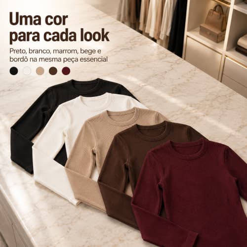 Blusa Feminina Ribana Canelada Manga Longa Básica Gola Redonda