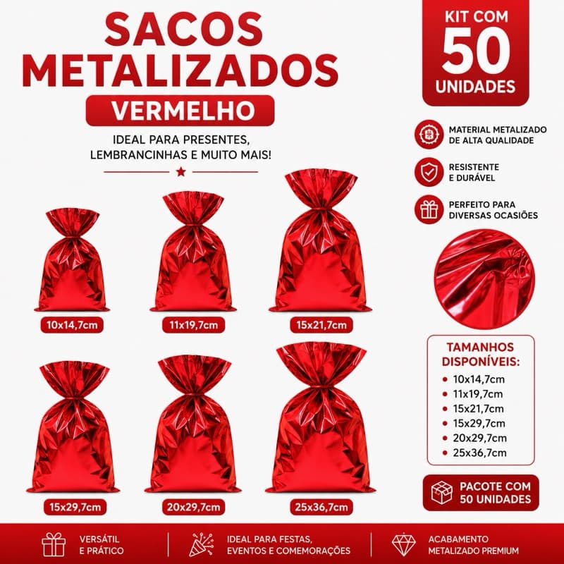 Saco Metalizado Vermelho C/50un Embalagem Metalizada Para Presente, Doces e Produtos Tamanhos Variados