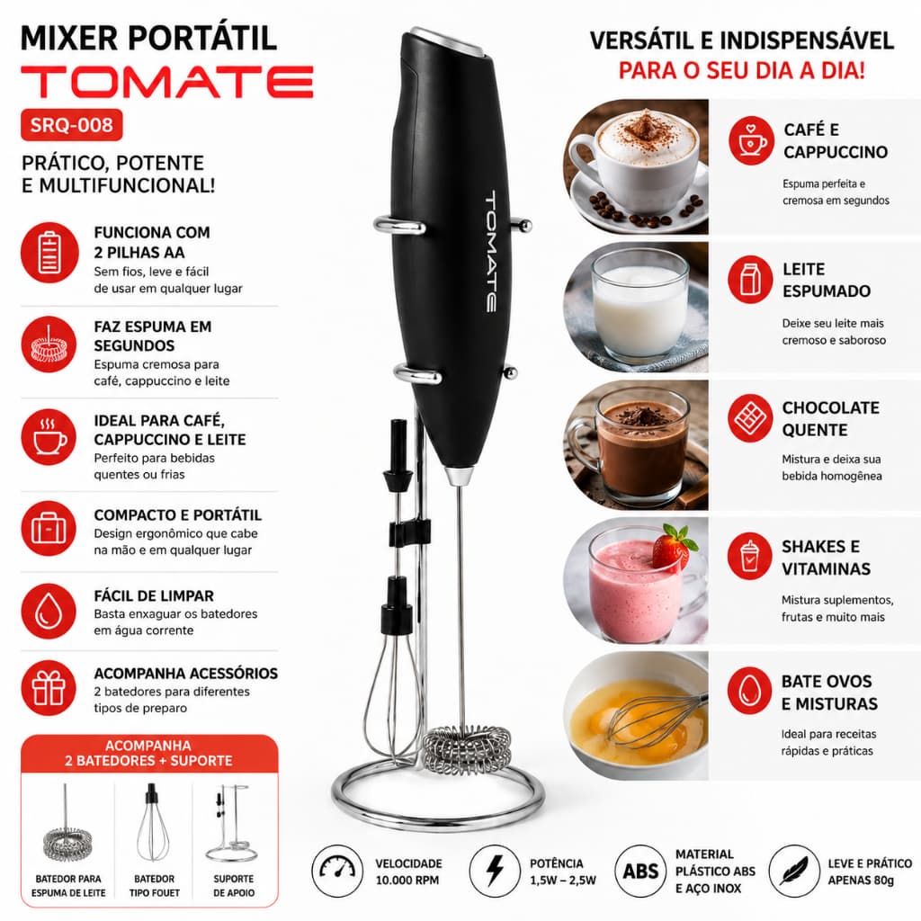 Batedor Misturador Mixer Portátil Elétrico a Pilha Tomate – Praticidade e Rapidez para suas Bebidas!