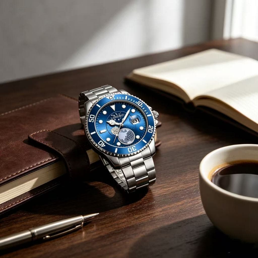 Relógio Masculino com Mostrador Azul Degradê – Aço Sólido, Quartzo, Data e 50m à Prova d’Água – Estilo Empresarial e Cas