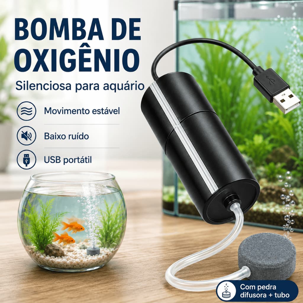 Bomba Aeradora USB Ultra Silenciosa Mini Oxigênio para Aquário Doméstico e Pesca