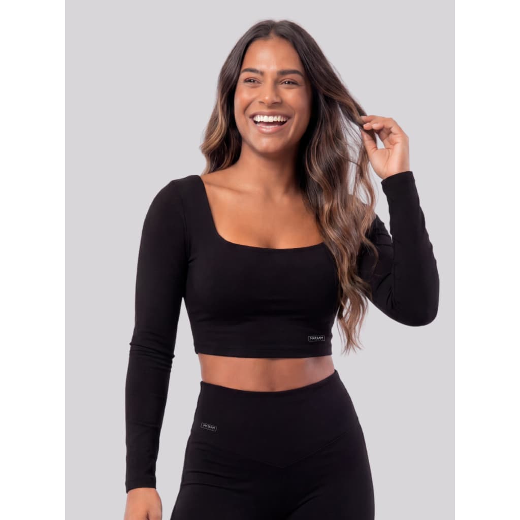 Top Cropped Manga Longa Feminino Poliamida Premium Decote Quadrado Massam Fitness