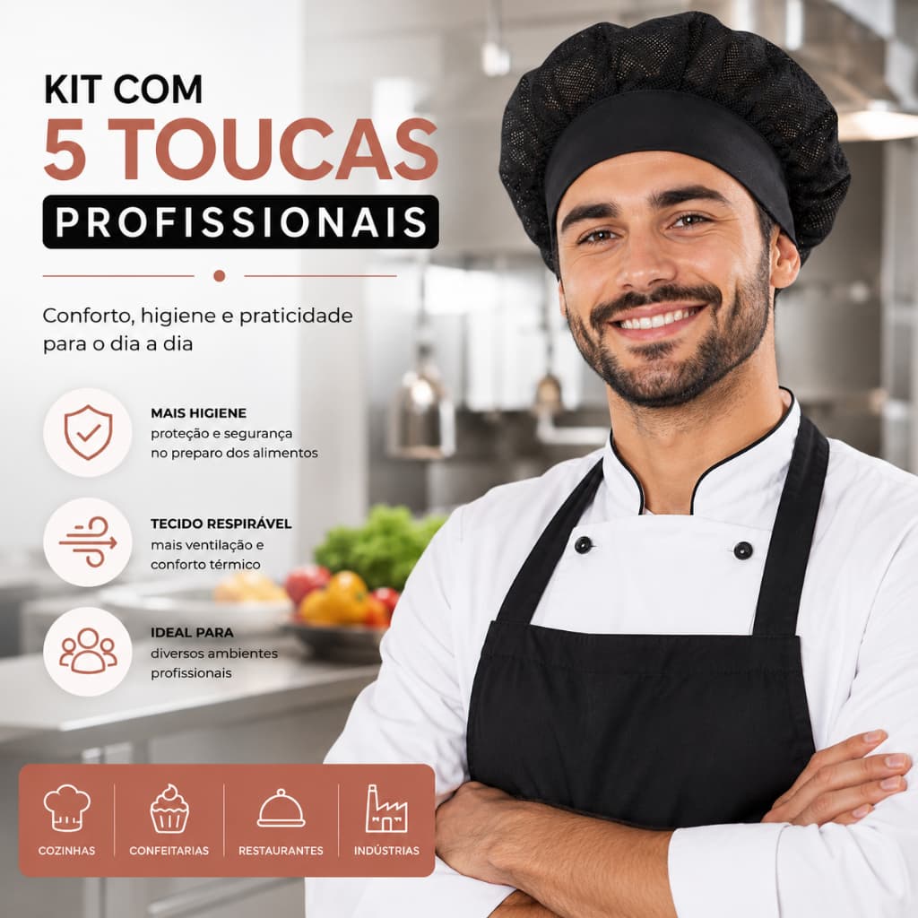 Kit 5 Toucas Tule Cozinha Chef Com Aba Padaria Confeitaria Unissex Profissional Reutilizáveis