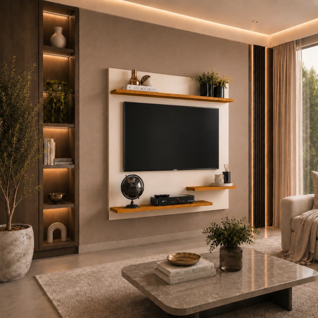 Painel Para Tv 32 Polegadas Suspenso Moderno 90x90x20cm Com Três Prateleiras Funcionais