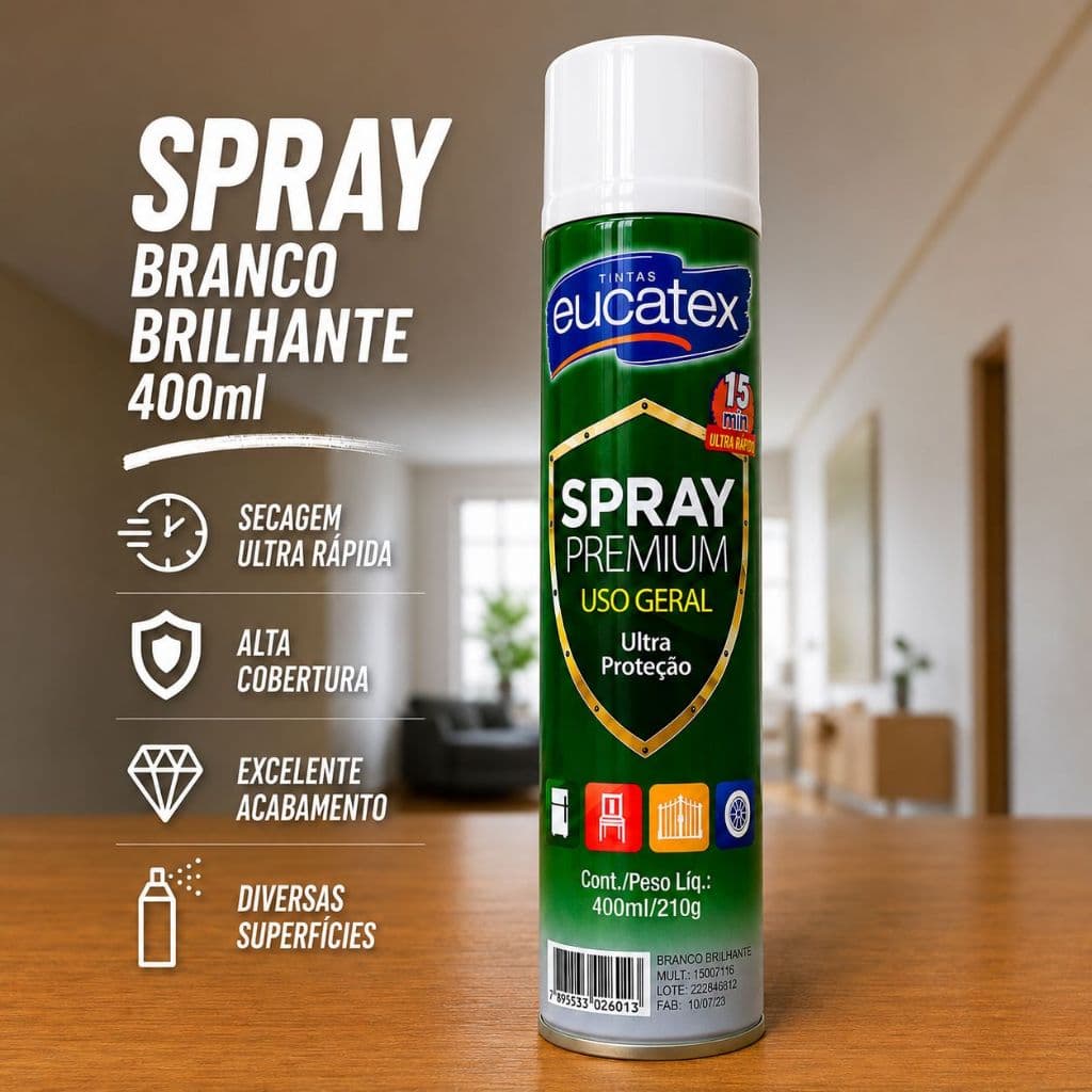 Spray Branco Brilhante Alta Temperatura 400ml Tinta Premium 600°C Eucatex Secagem Ultra Rápida