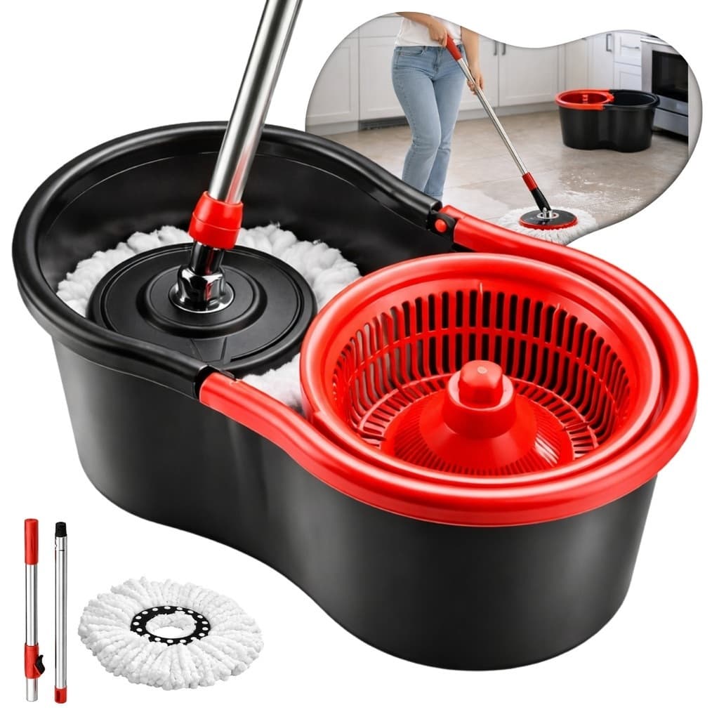 Mop Giratório Plástico 360° com Refil Incluso ou Avulso Balde 8 Litros e Cesto Cabo de 120 cm