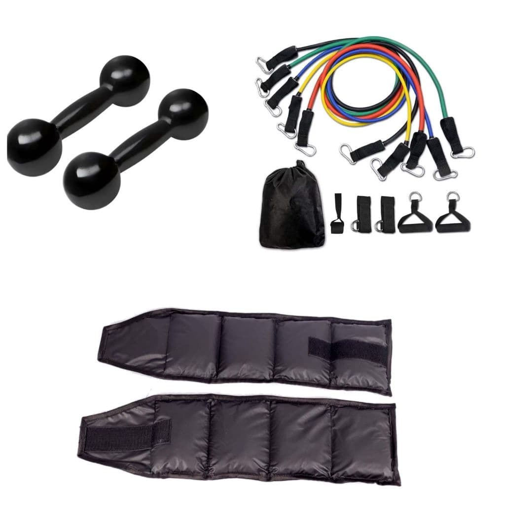 Kit De Halteres Emborrachados Par De 2Kg Preto + Caneleira 2Kg Preto + Kit De Elasticos 11 Itens