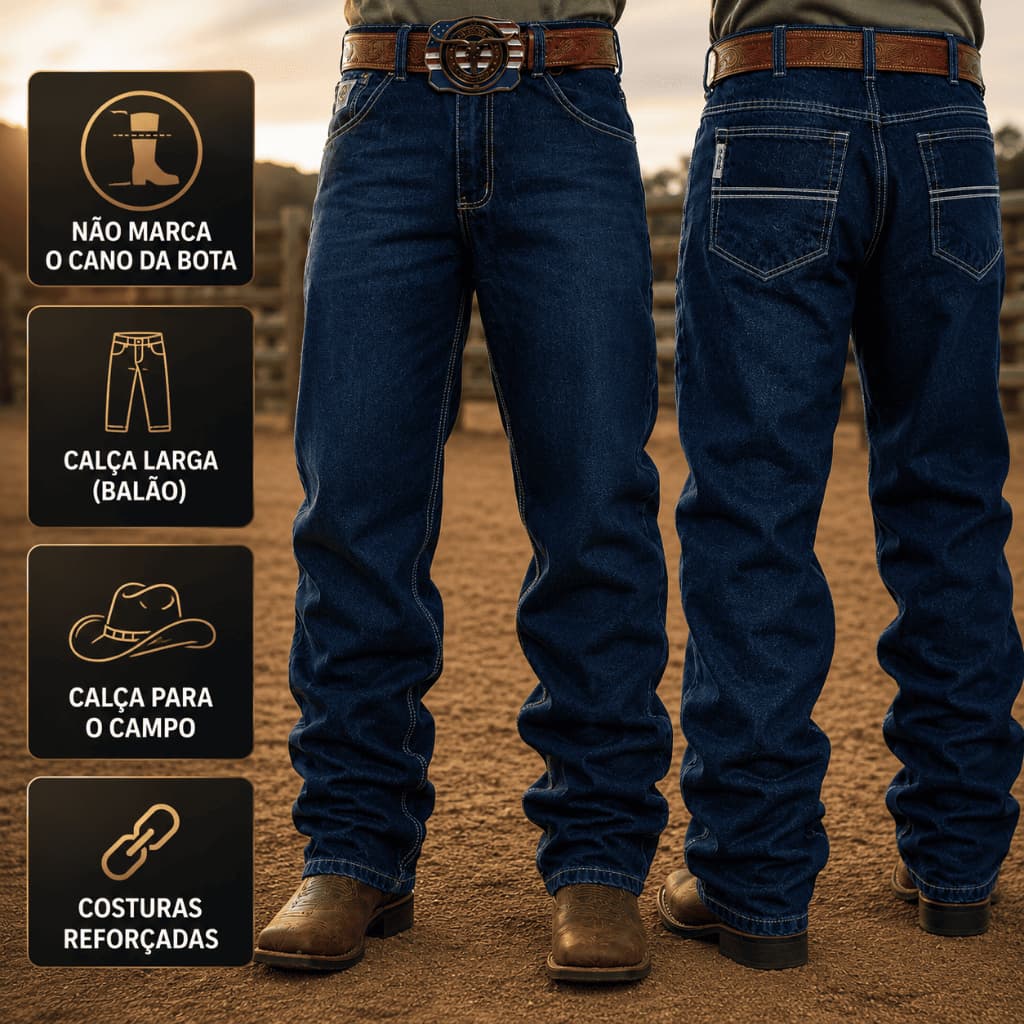 Calça Jeans Masculina Country Cowboy King Far Tecido Grosso 100% Algodão para Bota Rodeio Trabalho Montaria
