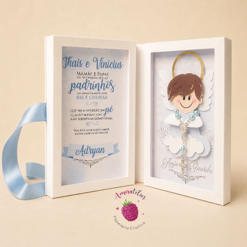 Convite Para Padrinhos De Batismo consagração crisma nascimento Com Anjo 3D E Terço Personalizado