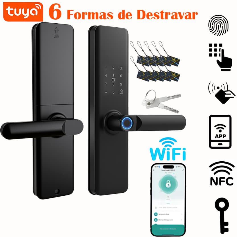 Fechadura Eletrônica Digital Wifi Tuya 6 em 1 com APP, NFC, Biometria, Senha Touch, Chave e Tag
