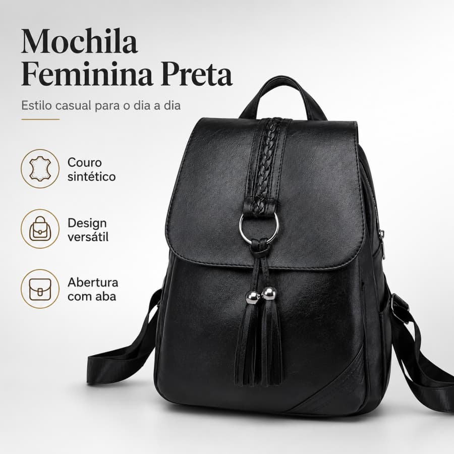 Mochila Feminina Escolar Casual Preta Couro Sintético Cabe iPad Trabalho Faculdade Viagem