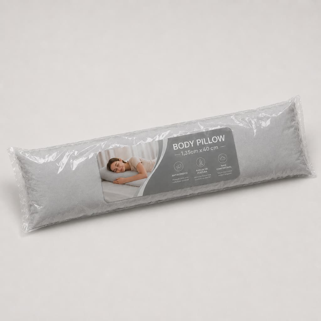 Travesseiro De Corpo Antialérgico Body Pillow Com Zíper 1,35m x 40cm 300 Cinza Fibra Siliconada
