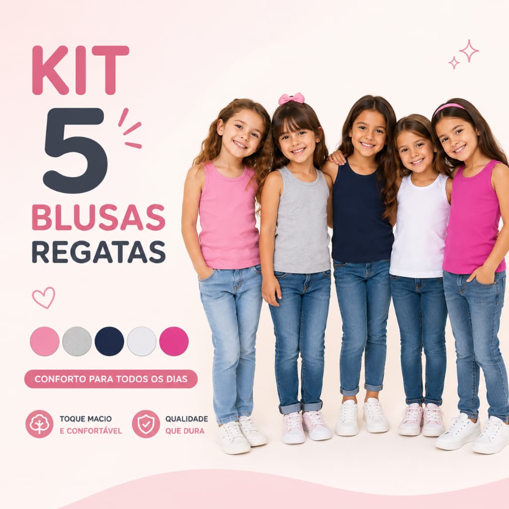 Kit 5 Regatas Infantil Feminina Ribana Algodão Menina Blusa Regata Verão Tamanhos 2 ao 14