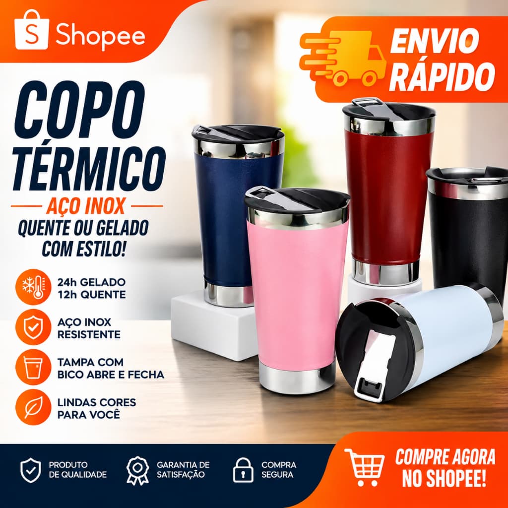 Copo Térmico 473ml Inox Com Tampa Várias Cores Quente e Gelado Pronta Entrega + Envio Rápido