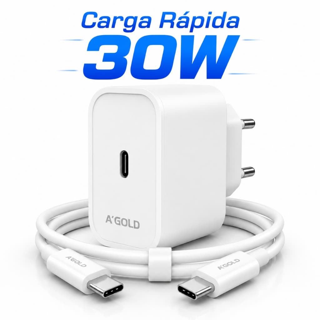Carregador iPhone  Tipo-C Tipo-C 15 16 17 Pro Max Turbo 30W  Android (USB-C)  Completo + Cabo turbo Reforçado