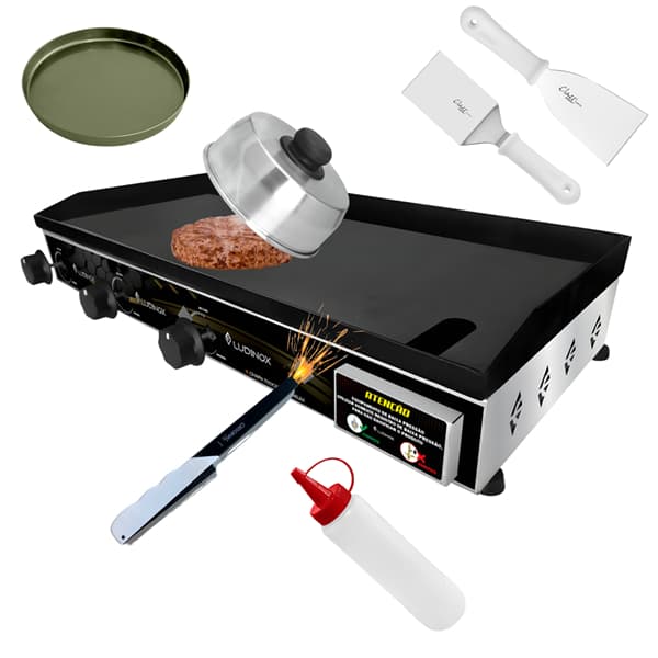 Chapa de Lanche Profissional INOX a Gás  70x30cm + KIT ACESSÓRIOS