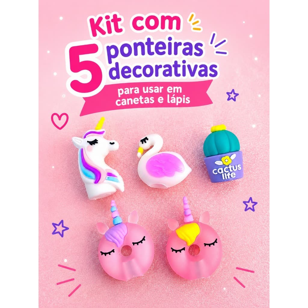 Kit 5 Ponteiras Decoradas para Lápis e Canetas Tilibra