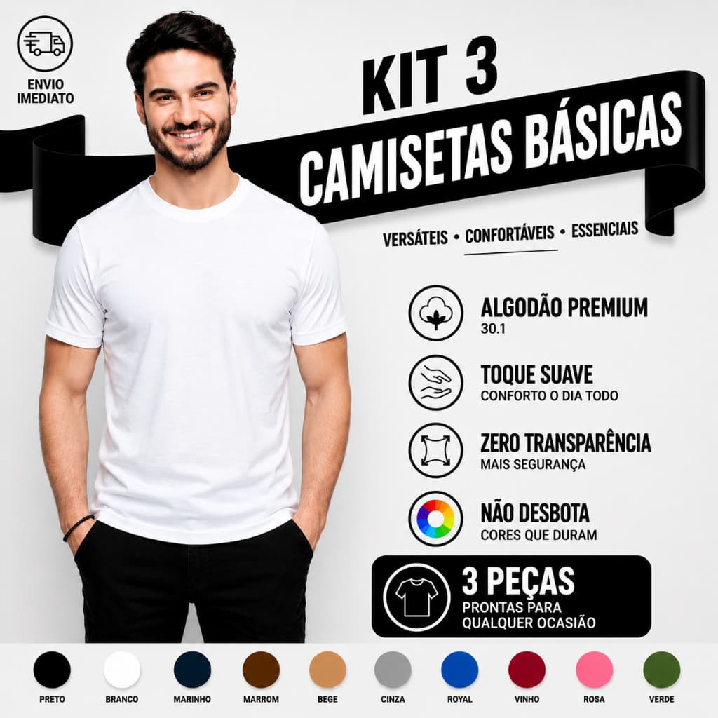 Kit 3 Camiseta Masculina Básica Algodão Brancas Slim Lisa Gola Redonda Manga Curta Tribo