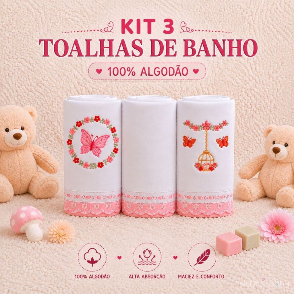Kit 3 Toalhas De Banho Bordadas Para Bebê Recém Nascido Infantil Safari E Jardins Malha Algodão Absorvente 70x140