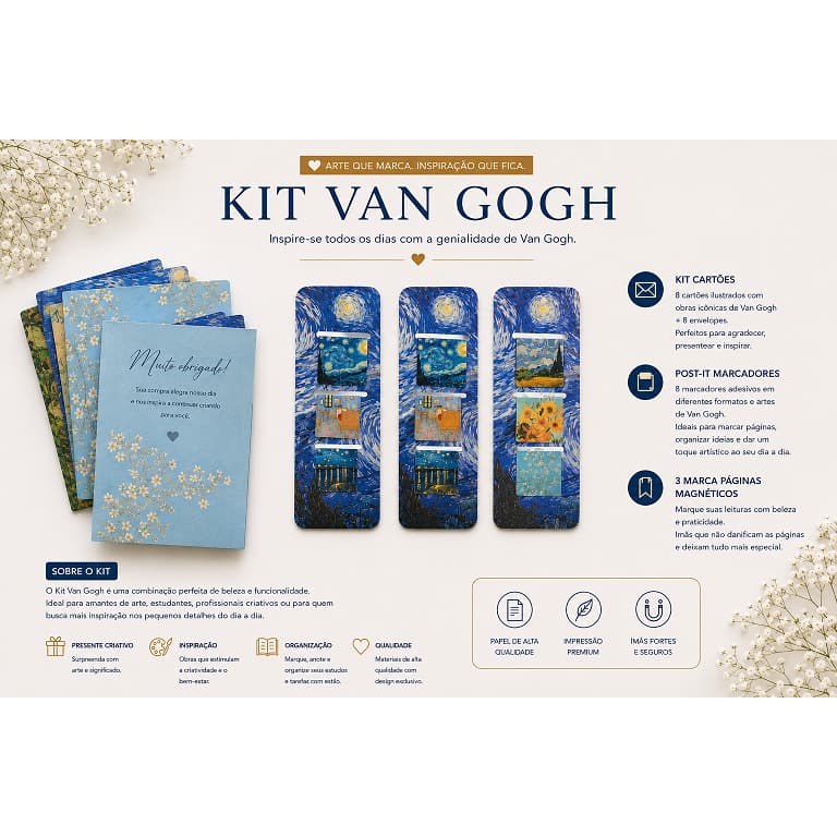 KIT VAN GOGH : 3 MARCADORES MAGNÉTICOS E 8 POST-IT + 1 CAIXINHA DE CARTÃO DE AGRADECIMENTO